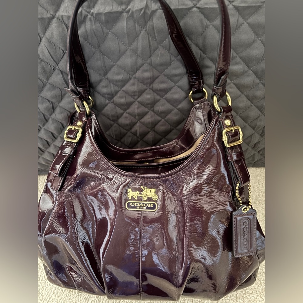 RARE Coach Patent Leather Madison Hobo Bag & Wallet deep purple aubergine